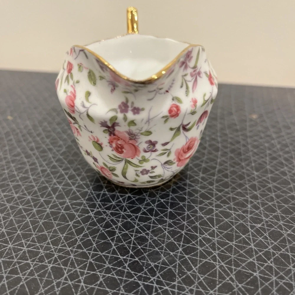 Clarence Bone China Pink Floral Chintz Milk Pitcher, Petite, Gold Trim Handle